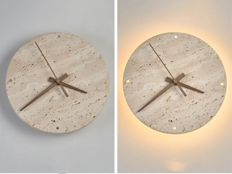 Travertin Wandlamp met Klok – LED Natuursteen Wabi-Sabi Design