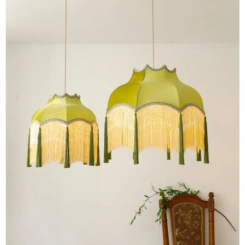 French Retro LED Hanglamp Groen – Koperen Stoffen Kwast Chandelier