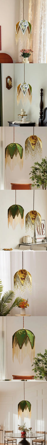 LED Hanglamp Groen/Geel Stof & Goud IJzer – Vintage Plafondlamp