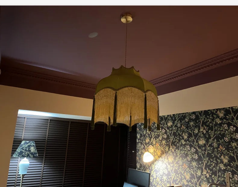 French Retro LED Hanglamp Groen – Koperen Stoffen Kwast Chandelier