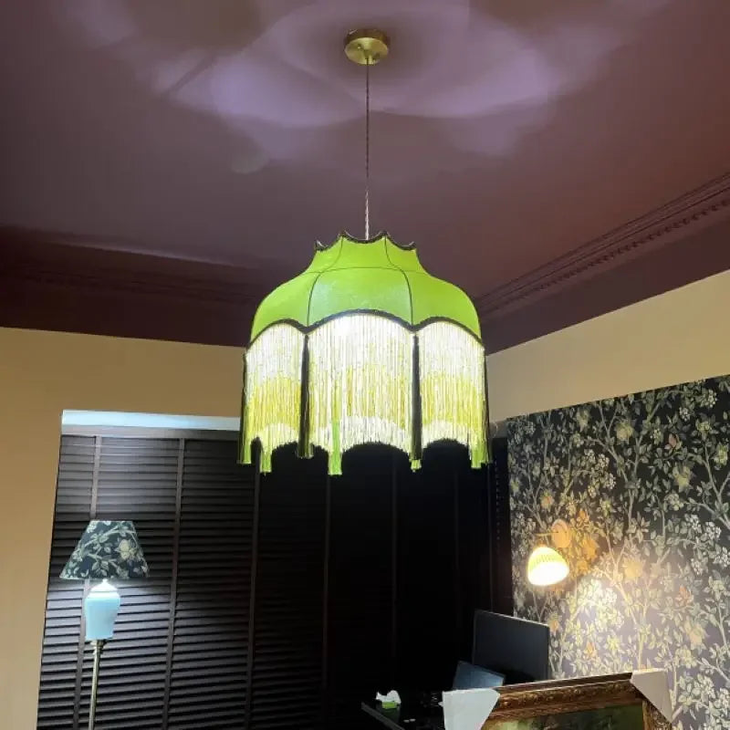 French Retro LED Hanglamp Groen – Koperen Stoffen Kwast Chandelier