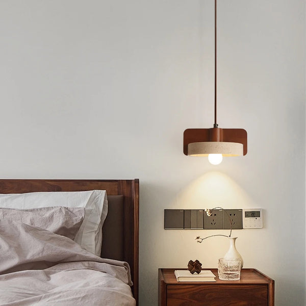 Mid Century LED Hanglamp Hout & Geel Travertijn – Modern Design