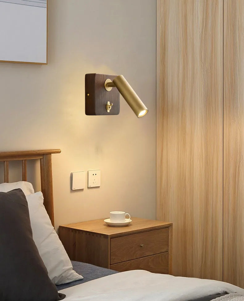 Wandlamp met Schakelaar – Hout & Messing, Goud/Zilver, E27 LED