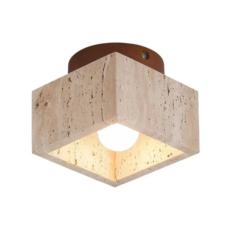 Travertin Plafondlamp Vierkant – Hout & Steen LED E27 Japanse Stijl