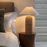 Japanse Rotan Tafellamp met Stoffen Kap – LED Bedlampje E27