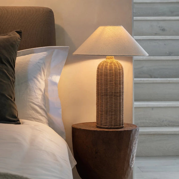 Japanse Rotan Tafellamp met Stoffen Kap – LED Bedlampje E27