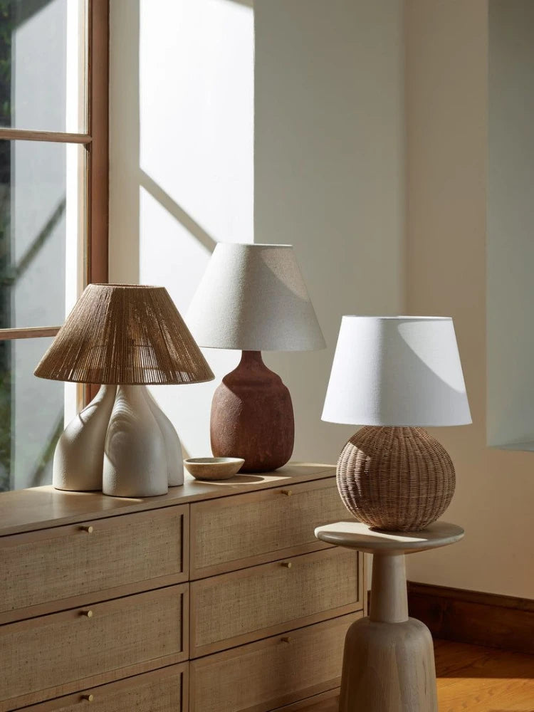 Japanse Rotan Tafellamp met Stoffen Kap – LED Bedlampje E27