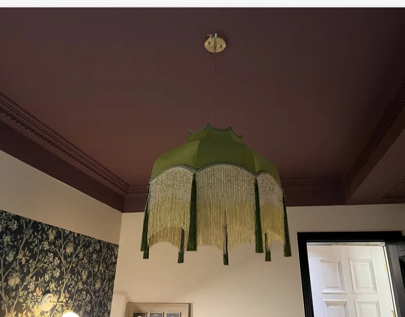 French Retro LED Hanglamp Groen – Koperen Stoffen Kwast Chandelier