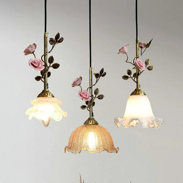 Vintage Franse Rozen Hanglamp – Massief Koper & Glas E27 LED
