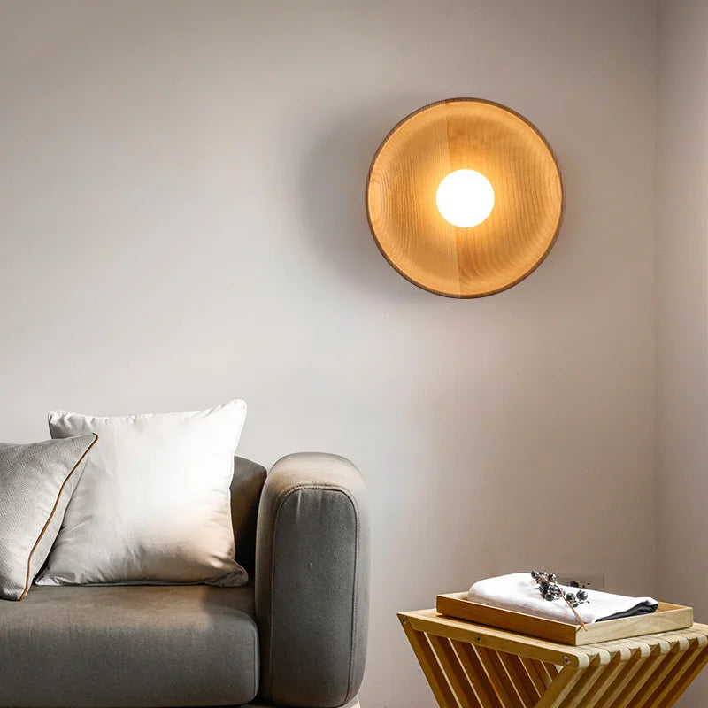 Japanse Houten Wandlamp – Ronde LED Sconce Slaapkamer/Woonkamer