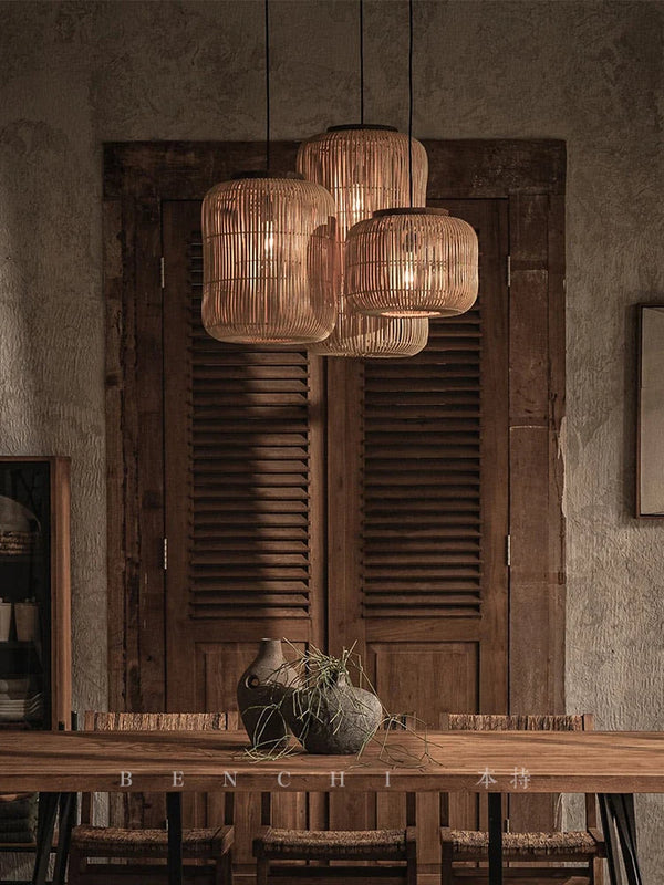 Japanse Rieten Hanglamp Wabi-Sabi Handgeweven E27 Voor Woonkamer