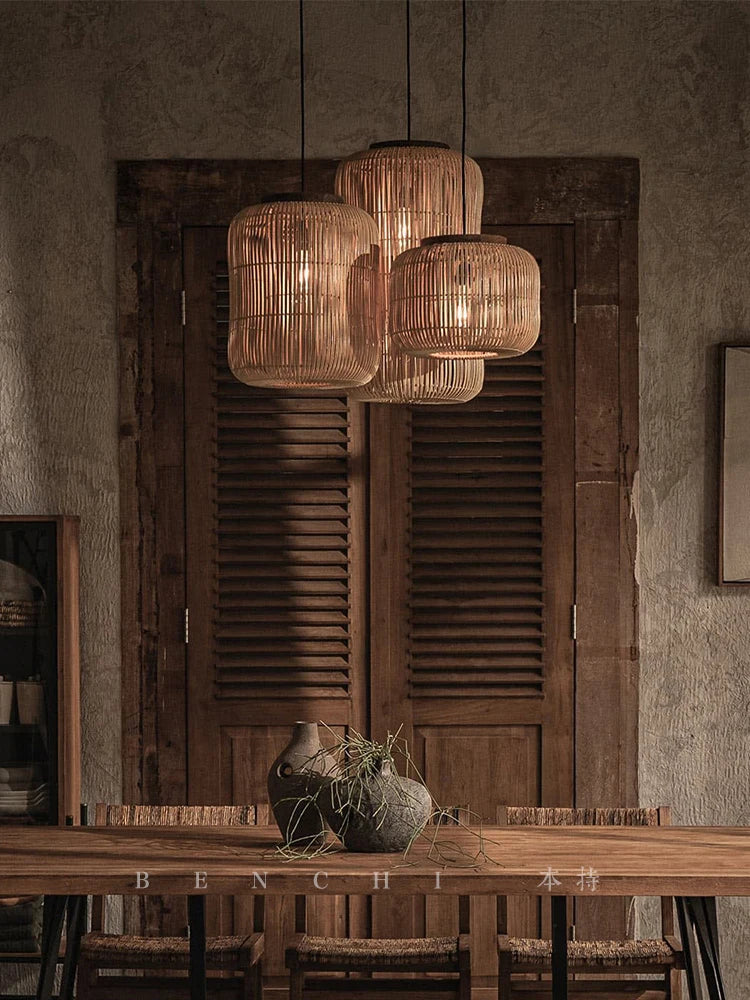 Japanse Rieten Hanglamp Wabi-Sabi Handgeweven E27 Voor Woonkamer