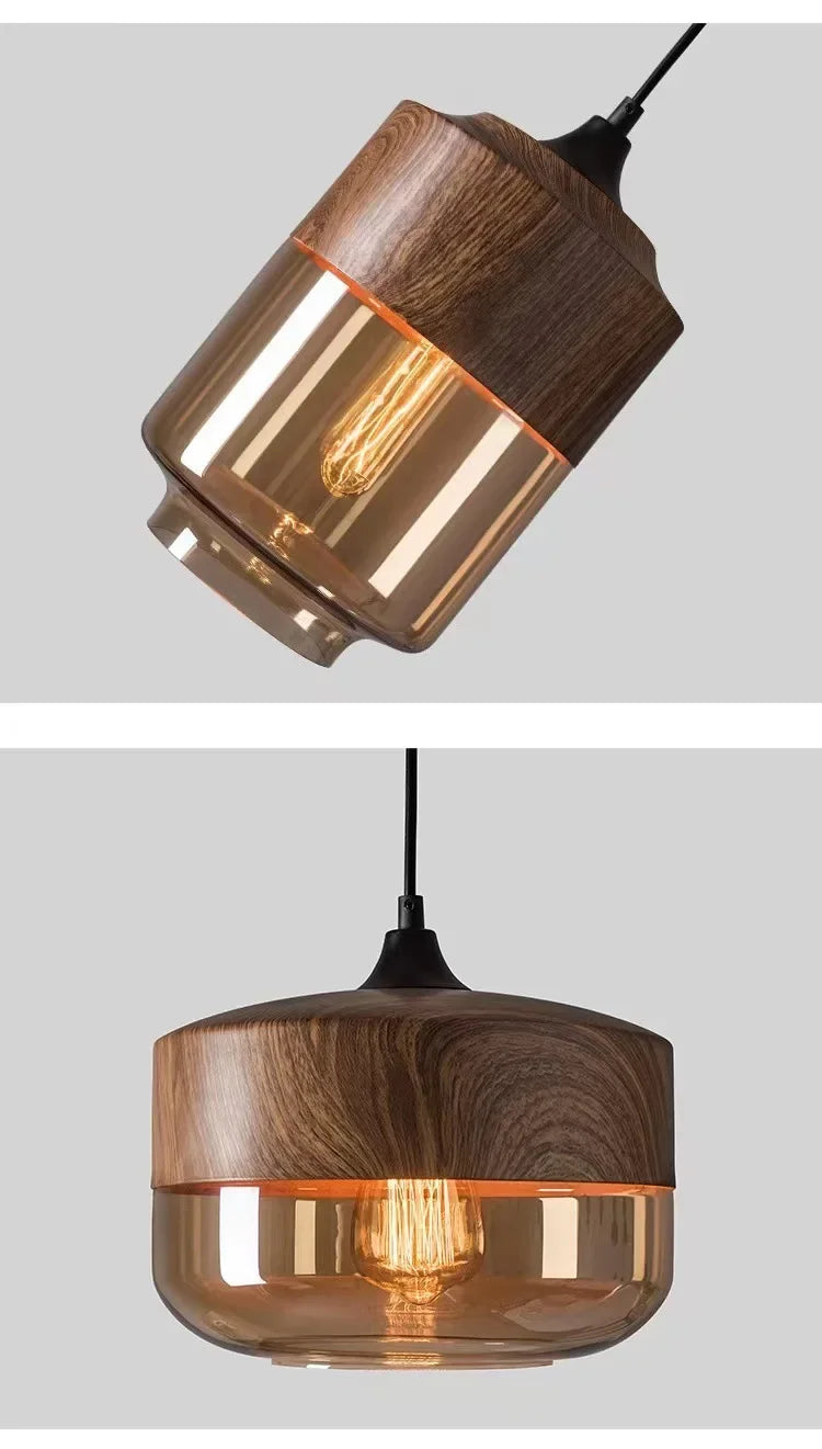 Nordic LED Hanglamp Glas & Hout – Moderne Plafondlamp E27