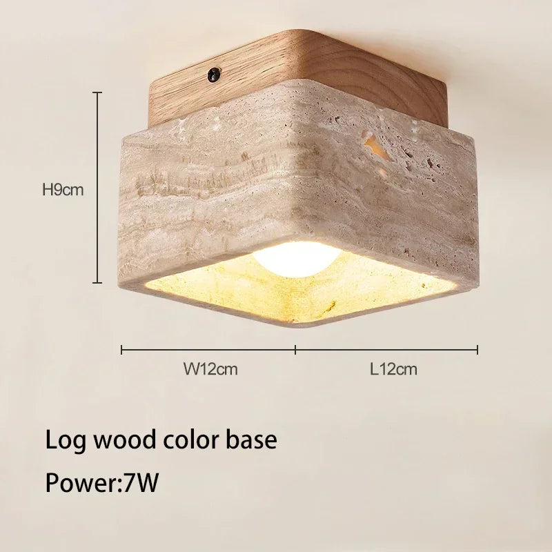 Travertin Plafondlamp Vierkant – Hout & Steen LED E27 Japanse Stijl