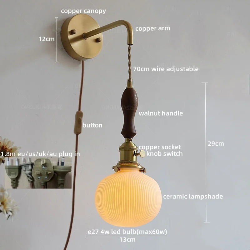 Nordic LED Wandlamp Keramiek & Koper met Walnoot Handvat