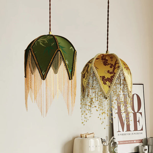 LED Hanglamp Groen/Geel Stof & Goud IJzer – Vintage Plafondlamp