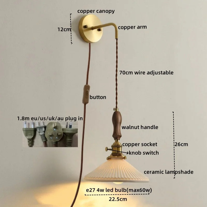 Nordic LED Wandlamp Keramiek & Koper met Walnoot Handvat