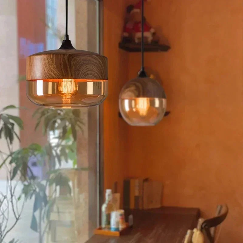 Nordic LED Hanglamp Glas & Hout – Moderne Plafondlamp E27