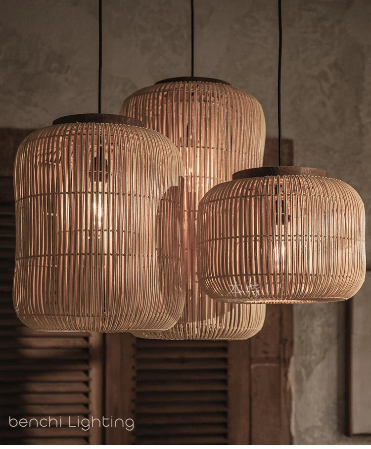 Japanse Rieten Hanglamp Wabi-Sabi Handgeweven E27 Voor Woonkamer