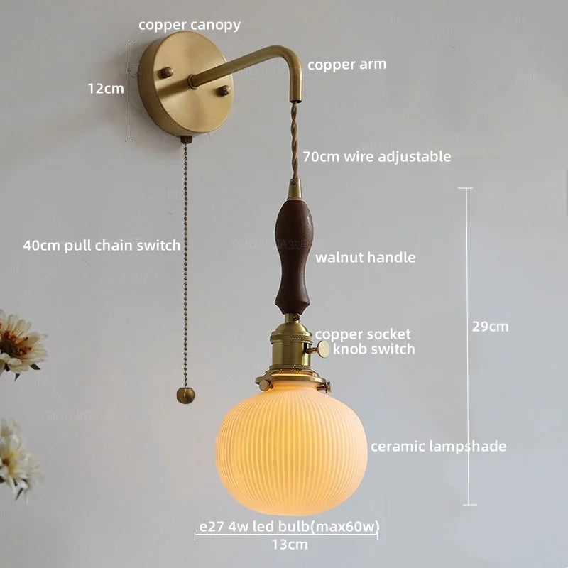 Nordic LED Wandlamp Keramiek & Koper met Walnoot Handvat