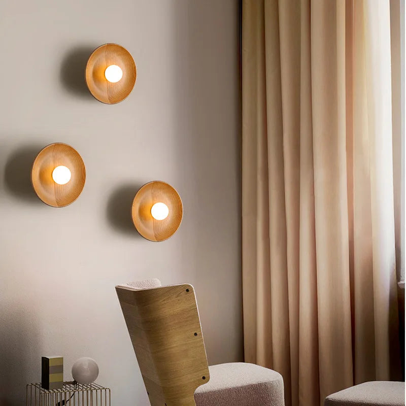 Japanse Houten Wandlamp – Ronde LED Sconce Slaapkamer/Woonkamer