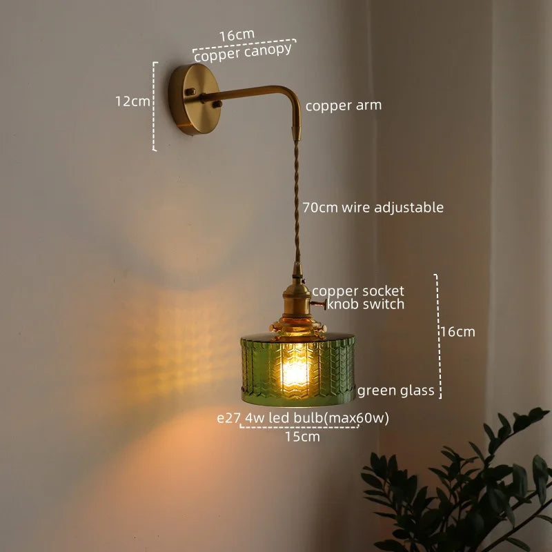 Groene Glas & Koper LED Wandlamp – Vintage Retro Wandverlichting E27