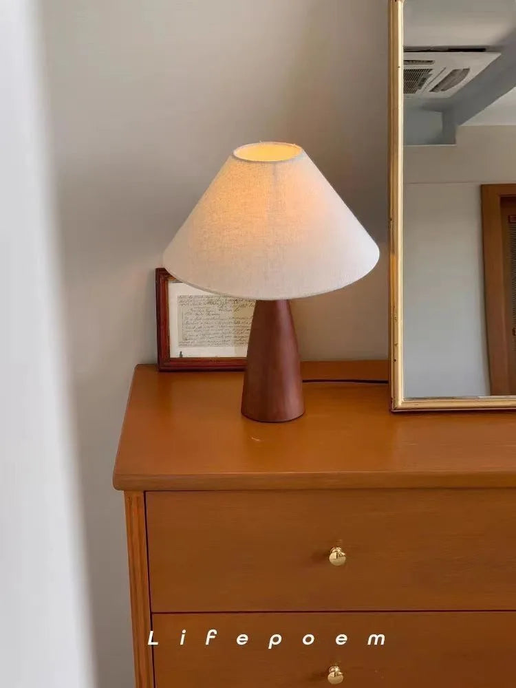 Retro Tafellamp Massief Hout met Stoffen Kap – Dimbaar – E27