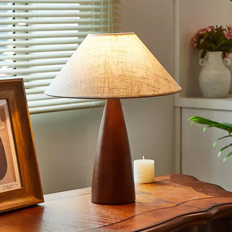 Retro Tafellamp Massief Hout met Stoffen Kap – Dimbaar – E27