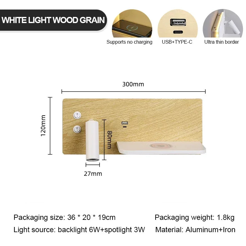 Multifunctionele Wandlamp – LED, USB & Draadloze Oplader, Zwart/Goud/Wit