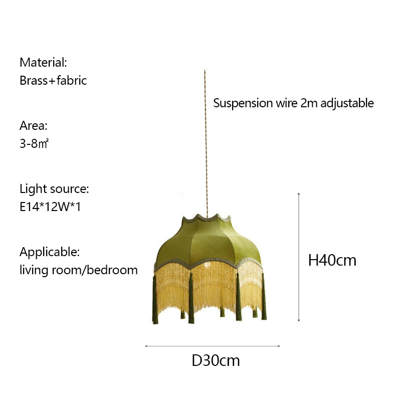 French Retro LED Hanglamp Groen – Koperen Stoffen Kwast Chandelier