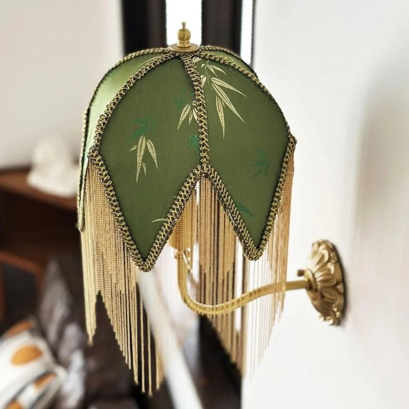 Vintage LED Wandlamp met Stoffen Kwast – Bedlamp Koperen Arm