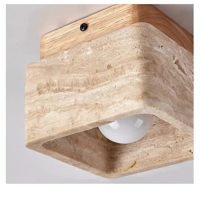 Travertin Plafondlamp Vierkant – Hout & Steen LED E27 Japanse Stijl