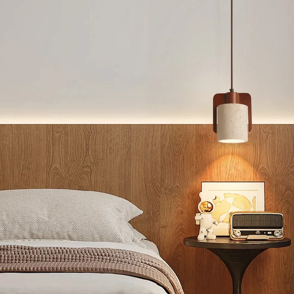Mid Century LED Hanglamp Hout & Geel Travertijn – Modern Design