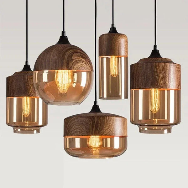 Nordic LED Hanglamp Glas & Hout – Moderne Plafondlamp E27