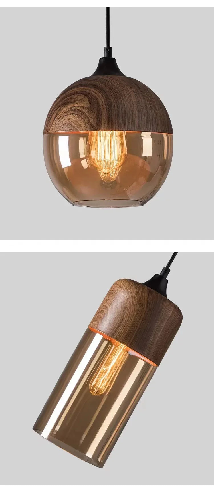 Nordic LED Hanglamp Glas & Hout – Moderne Plafondlamp E27