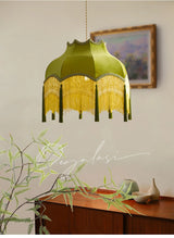 French Retro LED Hanglamp Groen – Koperen Stoffen Kwast Chandelier