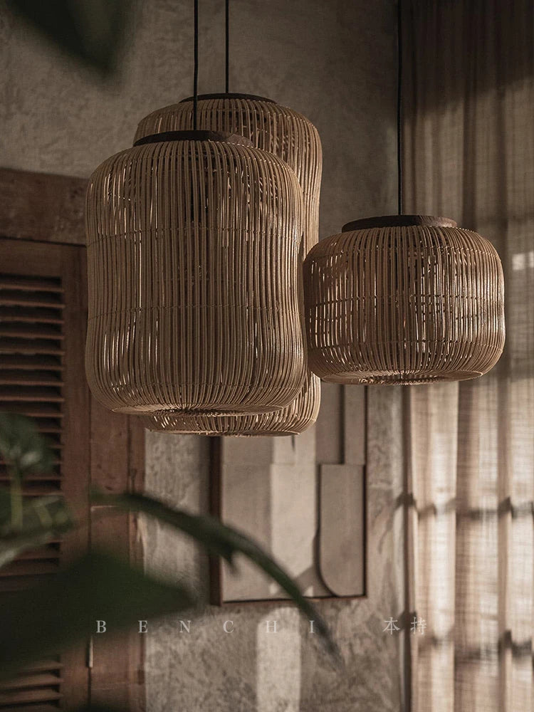 Japanse Rieten Hanglamp Wabi-Sabi Handgeweven E27 Voor Woonkamer