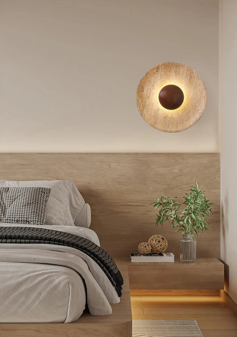 Wandlamp Natuursteen – Moderne LED Sconce met Donker Hout 25cm