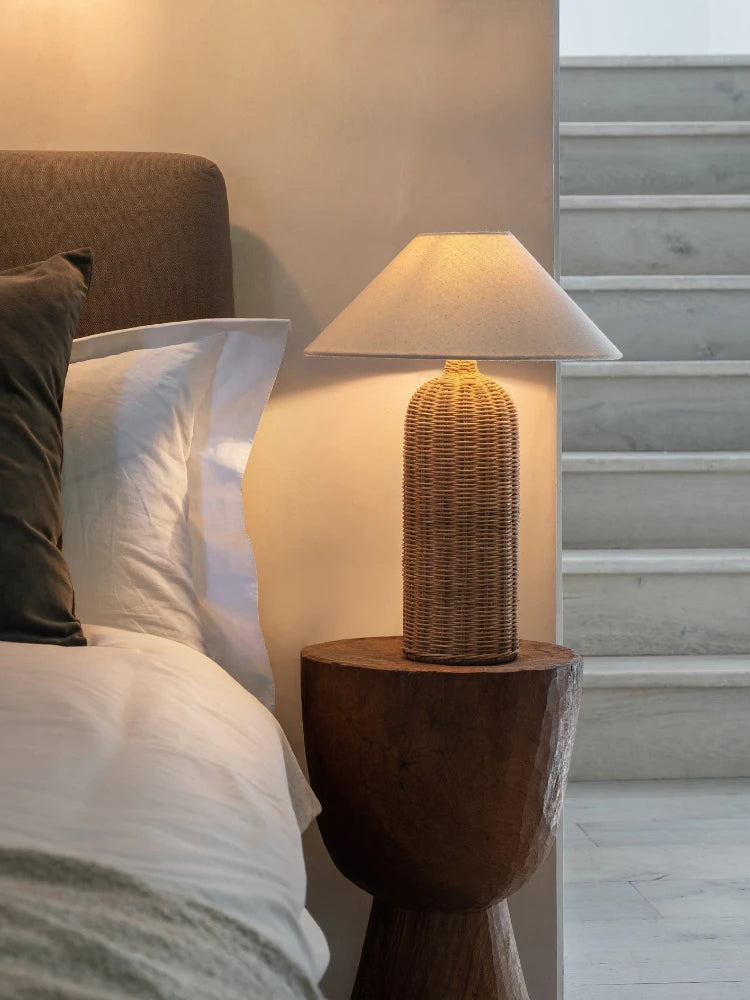 Japanse Rotan Tafellamp met Stoffen Kap – LED Bedlampje E27