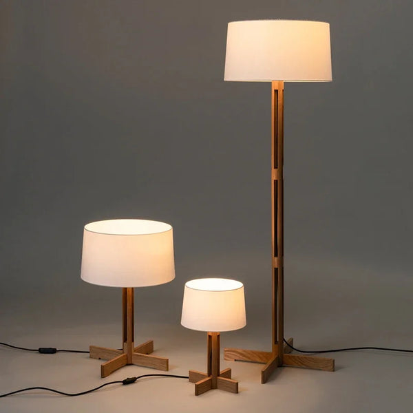 Vintage Wabi Sabi Houten Vloerlamp LED – Stoffen Kap voor Woonkamer
