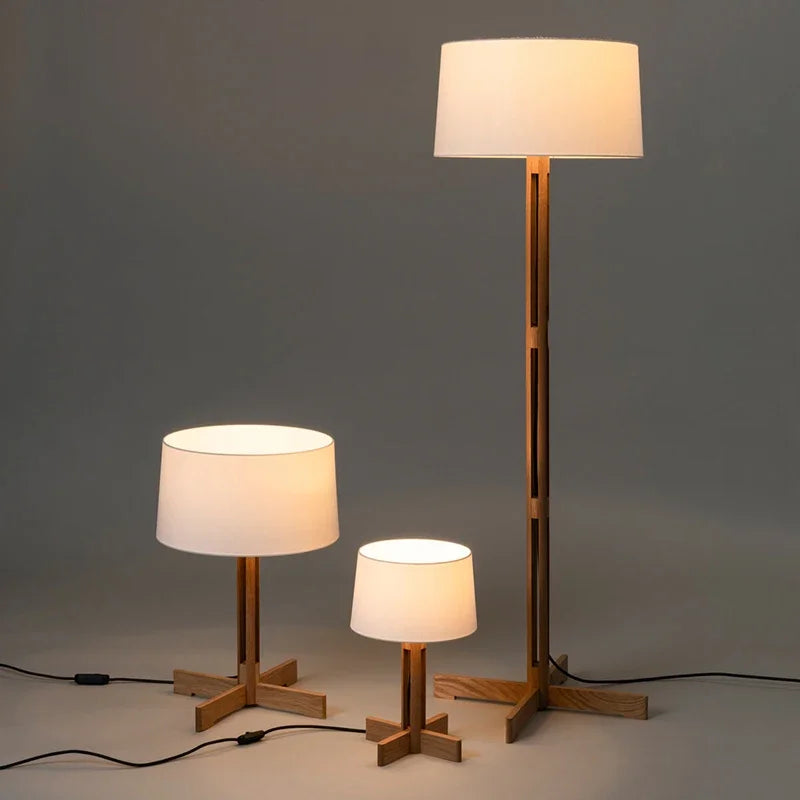 Vintage Wabi Sabi Houten Vloerlamp LED – Stoffen Kap voor Woonkamer