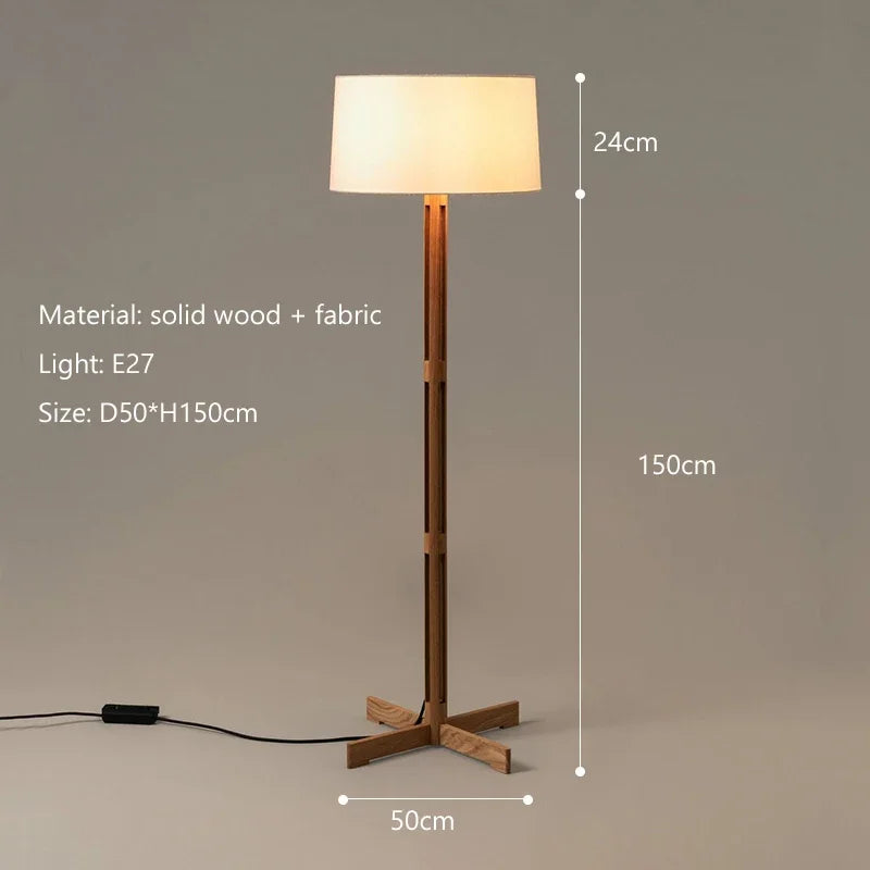 Vintage Wabi Sabi Houten Vloerlamp LED – Stoffen Kap voor Woonkamer
