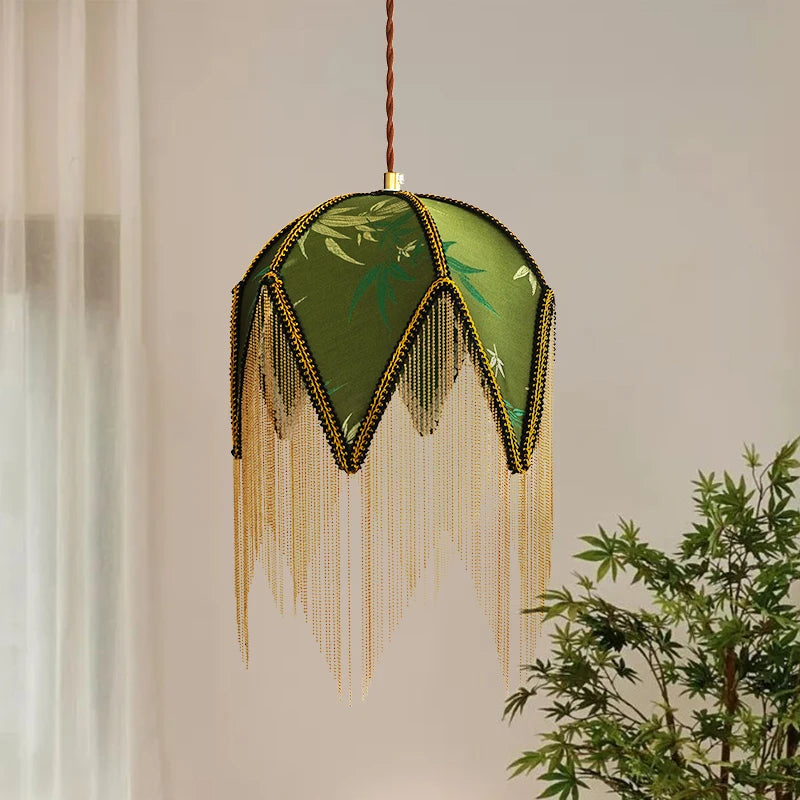 LED Hanglamp Groen/Geel Stof & Goud IJzer – Vintage Plafondlamp
