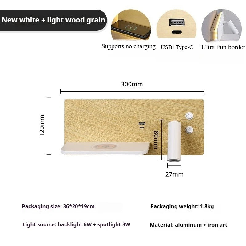 Multifunctionele Wandlamp – LED, USB & Draadloze Oplader, Zwart/Goud/Wit